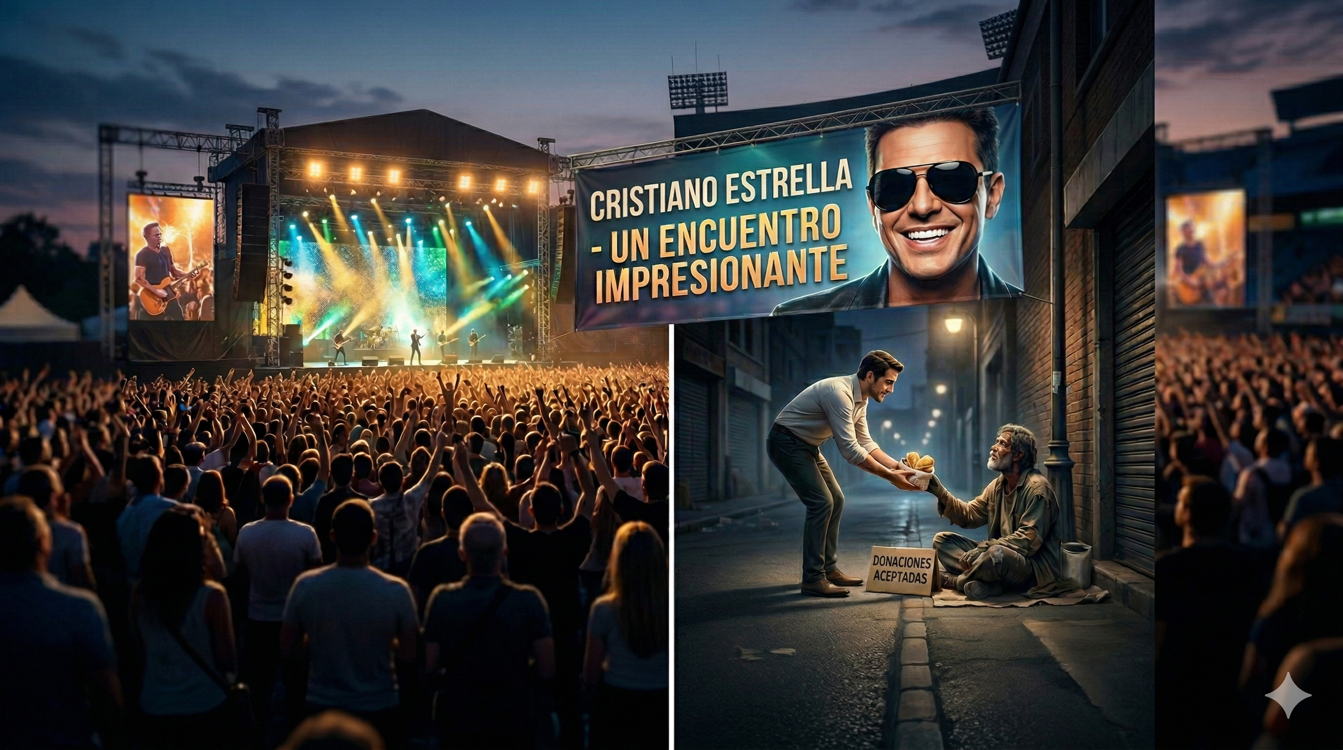 Imagen comparativa entre un gran concierto cristiano y un acto sencillo de caridad en la calle.