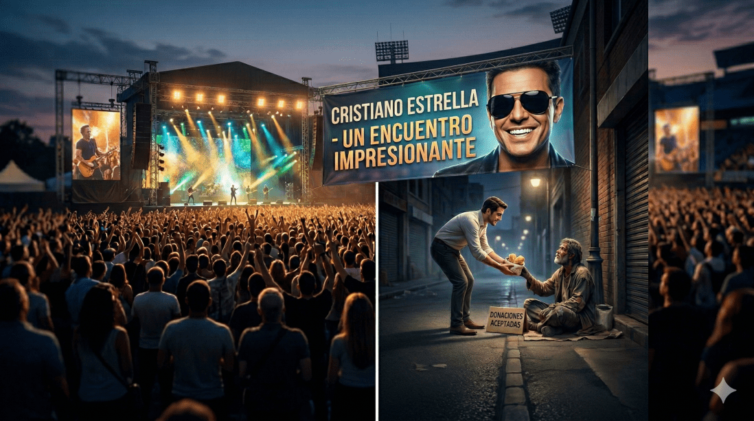 Imagen comparativa entre un gran concierto cristiano y un acto sencillo de caridad en la calle.